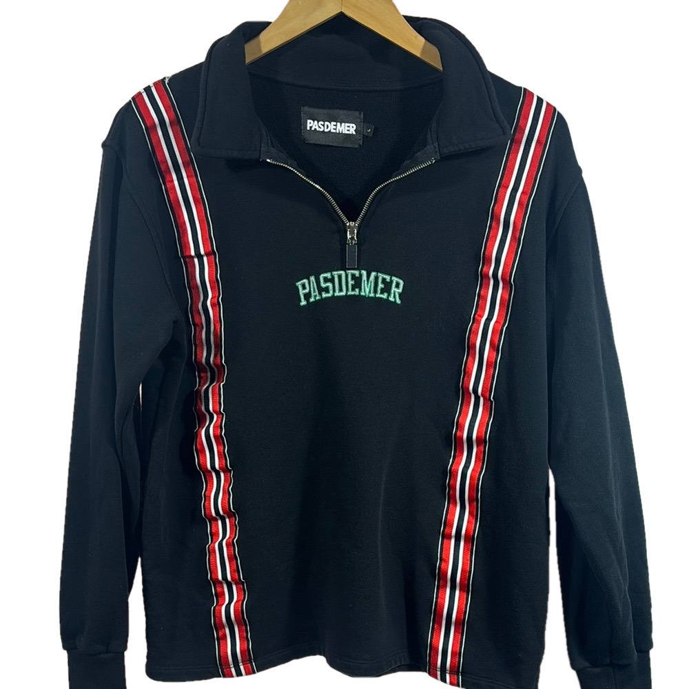 Red and Black Zip Up Sweater with Striking Stripes